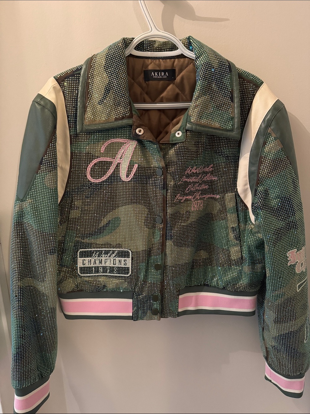 AKIRA Green Camo Rhinestone Varsity Jacket with Pink Trim